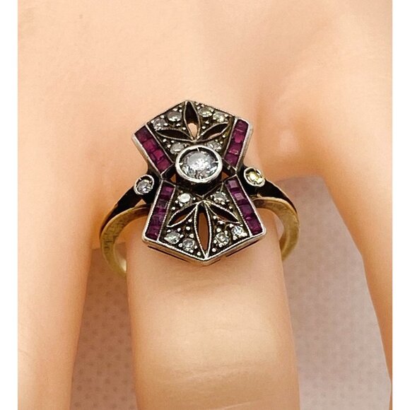 Art Deco Diamond Ruby 18K Gold and 850 Silver Ring Size 5.25 - Picture 1 of 13